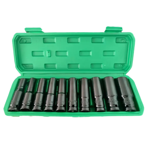 Satz von Schlagnüssen 10 Stück 12,7 mm tiefe metrische Nüsse im Koffer für pneumatisches Werkzeug und Reparaturen