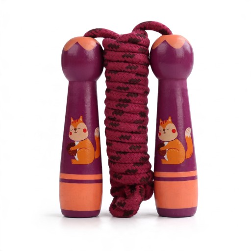 Sauterelle pour enfants avec motif de écureuil Poignées en bois Corde en coton douce 2,7 m Longueur réglable Pour enfants jusqu'à 160 cm Bordeaux