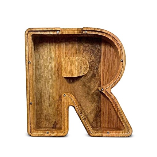 Scatola di legno a forma di lettera R 18 cm altezza 2,8 cm larghezza Parte in plastica trasparente Scatola decorativa per risparmiare