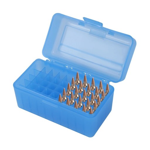 Scatola di plastica per munizioni .223/5.56x39 con scomparti capacità 50 pz scatola di plastica blu per la conservazione dei proiettili