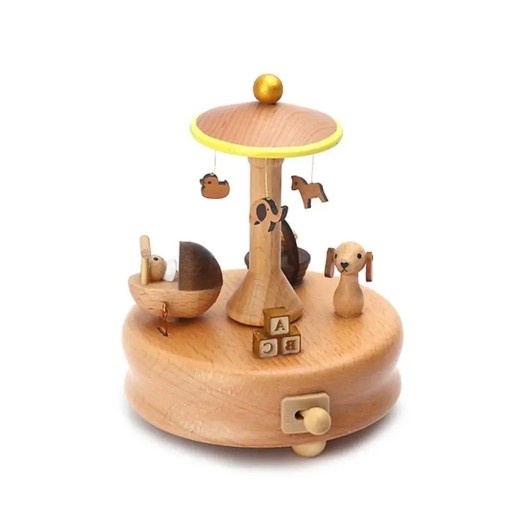 Scatola musicale rotante in legno con animali elementi per bambini meccanismo manuale legno naturale elemento decorativo mobile
