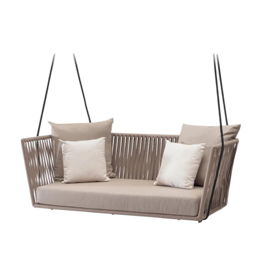 Scaun dublu suspendat pentru exterior 148x70 cm din ratan cu perne pentru terasă, balcon și grădină
