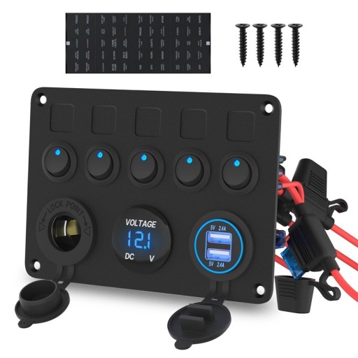 Schakelpaneel voor auto met 5 schakelaars + dubbele USB voltmeter en 12V aansteker aansluiting waterdicht zwart voor boot en caravan