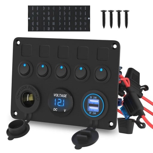 Schaltpanel für das Auto mit 5 Kippschaltern + dualem USB-Voltmeter und 12V Zigarettenanzünder wasserdicht schwarz für Boot und Wohnmobil