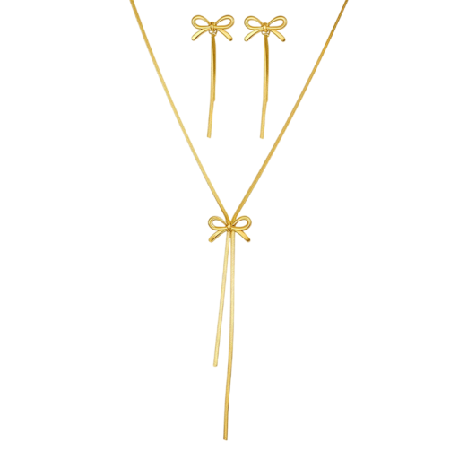 Schleifen Edelstahl Halskette 47+5 cm und Ohrringe 6.4 cm Französische Atmosphäre Zarte Schleife Damen Schmuckset