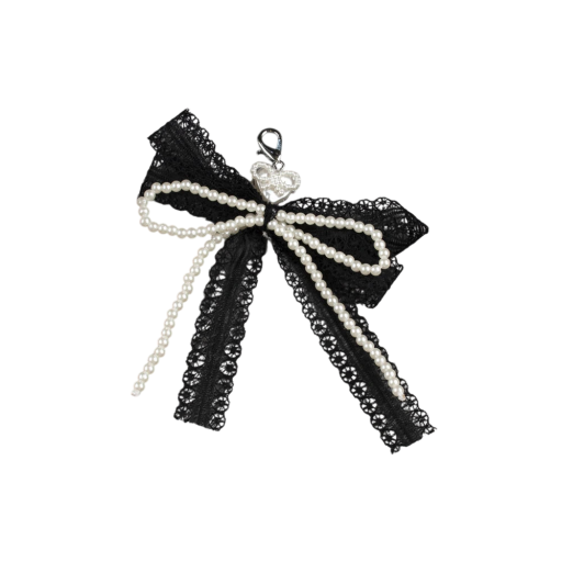 Schlüsselanhänger 17 x 12 cm Perlenimitat Perlen-Schleife mit Spitze Eleganter Schlüsselanhänger für Schlüssel, Handtasche, Rucksack Damenaccessoire