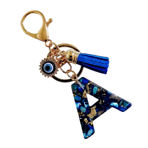 Schlüsselanhänger 4 cm Epoxidharz Schlüsselanhänger Blaue Initialen und schützendes Auge Dekorative Verzierung für Handtasche Rucksack Geschenk für Frauen