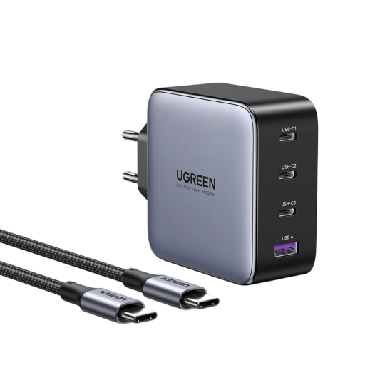 Schnellladegerät 100W 3× USB C und 1× USB A GaN mit EU-Stecker PD mit Dual-USB-C-Kabel 2 m Multiport-Ladegerät für Telefon Tablet Laptop