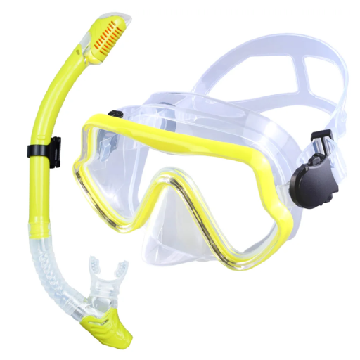 Schnorchelset Brille 16,5 x 8,8 cm mit Silikonabdichtung und gehärtetem Glas + Schnorchel 43 cm mit Luftventil