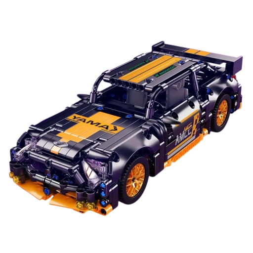 Schwarz-orangefarbener Sportwagen-Bausatz 505 Teile Rückwärtsgang 10 m Reichweite Modell 1:18 12 x 25 x 7 cm Bausteine für Kinder Technisches Spiel