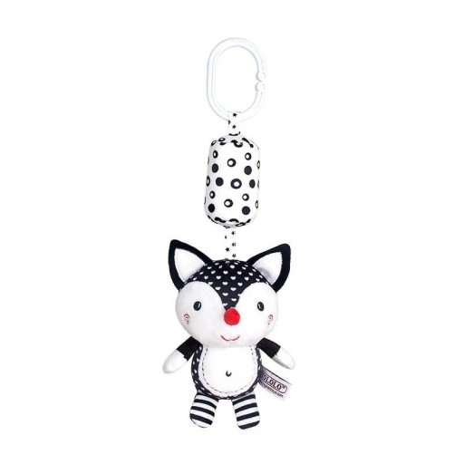 Schwarz-weißes Hängespielzeug für Babys 32 x 8 cm Plüschfuchs mit Glöckchen und Clip für Kinderwagen, Kinderbett, Autositz, Entwicklungsrassel