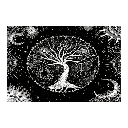 Schwarze böhmische Wandteppich Baum des Lebens Sonne Mond Stoff Wanddekoration Wohnaccessoire Hintergrund für die Wand Waschmaschinengeeignet