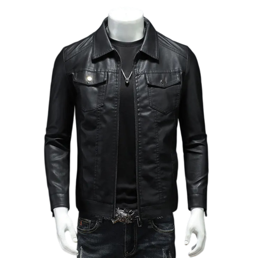 Schwarze Kunstlederjacke für Herren Moderne stylische Jacke mit Reißverschluss Elegante Streetwear Jacke mit Taschen Herbst und Frühling Herrenmode