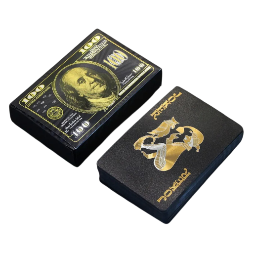Schwarze Plastikspielkarten 55 Stück mit Geldscheinmotiv und metallischem Glanz, wasserfest und langlebig 6 x 9 cm für Poker, Joker und Canasta