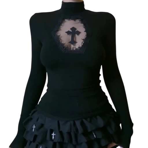 Schwarzes Damen Langarm T-Shirt Spitzenausschnitt mit Kreuz Gothic Style Slim Fit Elegantes Top mit hohem Kragen