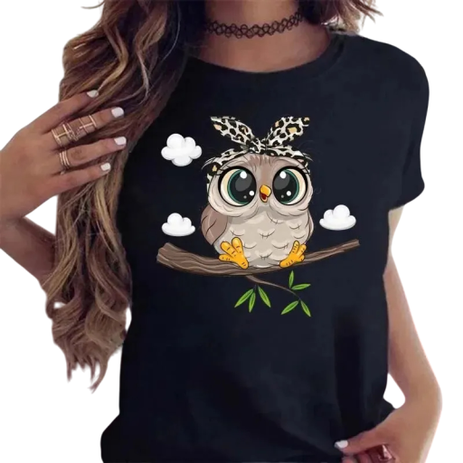 Schwarzes T-Shirt für Damen mit Eulen-Aufdruck, süßes kurzärmliges Rundhals-T-Shirt, lässiges Cartoon-T-Shirt für die Freizeit