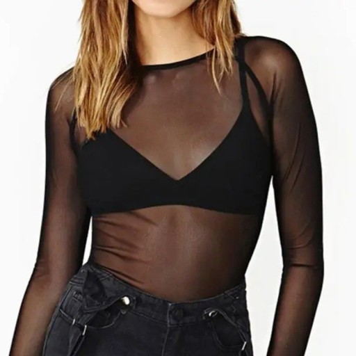 Schwarzes transparentes Langarm-T-Shirt für Damen Sexy elastisches Top aus feinem Netz Elegantes durchscheinendes T-Shirt für das Abendoutfit