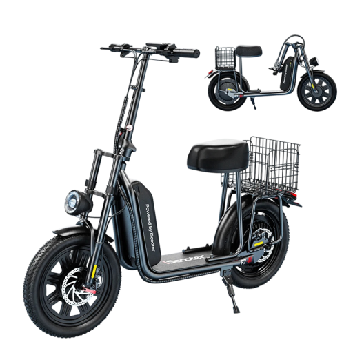 Scooter eléctrico F7, 1000W, autonomía 72 km, velocidad 45 km/h, batería 48V 10.4Ah, neumáticos de 16", asiento, cesta, capacidad de carga 150 kg, negro