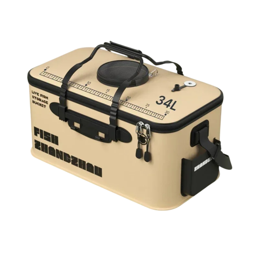 Seau de pêche pliable 34 l avec couvercle et filet 50 × 29 × 24 cm EVA beige avec échelle et poche latérale pour le stockage des poissons vivants