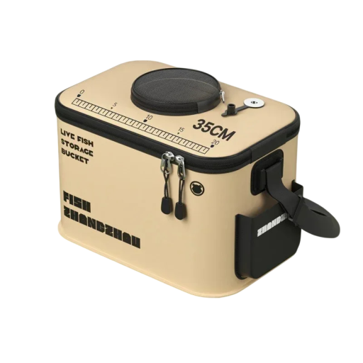 Secchio da pesca pieghevole con coperchio e rete 35 × 24 × 20 cm materiale EVA beige con tasca e supporto per pesci vivi e acqua