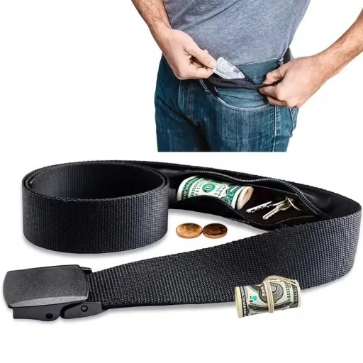 Security Travel Belt 120 cm with Invisible Zip Pocket Adjustable Belt with Plastic Buckle for Cash Keys and Coins