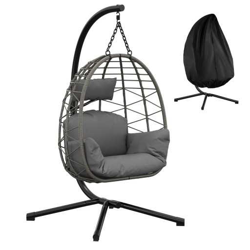 Sedia sospesa a forma di uovo portata 130 kg 196 x 105 cm imbottitura idrofuga resistente alla corrosione grigia con copertura per esterni e interni