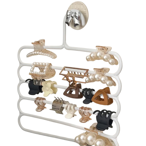 Seinäorganisaattori hiustarvikkeille useilla lokeroilla 31 × 31 cm muovinen valkoinen pidike klipseille, puristimille ja kuminauhoille seinälle