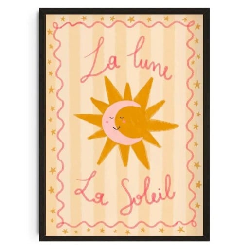 Seinätaulu aurinko ja kuu tekstillä La lune La soleil 40 x 60 cm kangaspainatus keltainen kuvitus seinäkoriste lastenhuoneeseen