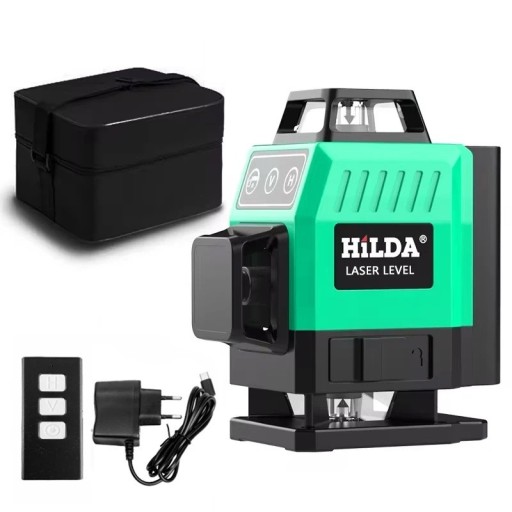 Selbstnivellierende Laserwasserwaage mit 16 Messlinien 360° mit einer Genauigkeit von 0,2 mm auf 10 m, IP54 Schutzart und einer Laufzeit von 5 Stunden, grün-schwarz mit Tasche