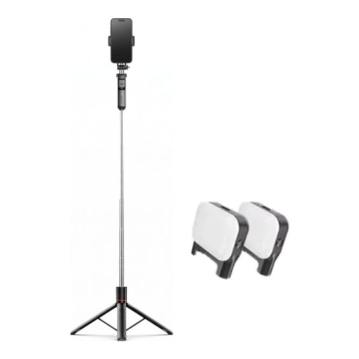 Selfie-stang med stativ 1,7 m og 2 LED-lys med Bluetooth-fjernbetjening Rotérbar telefonholder 360° 1/4 gevind Rustfrit stål Sort til videoer