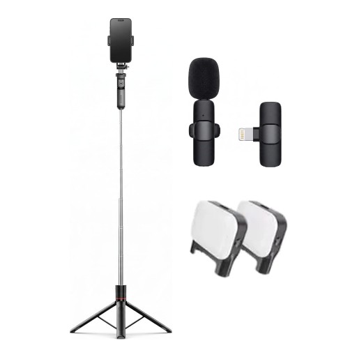 Selfie-Stick mit Stativ 1,7 m 2 LED-Lichtern und Mikrofon mit Lightning-Empfänger für iPhone Bluetooth-Steuerung Halterung 360° Schwarz