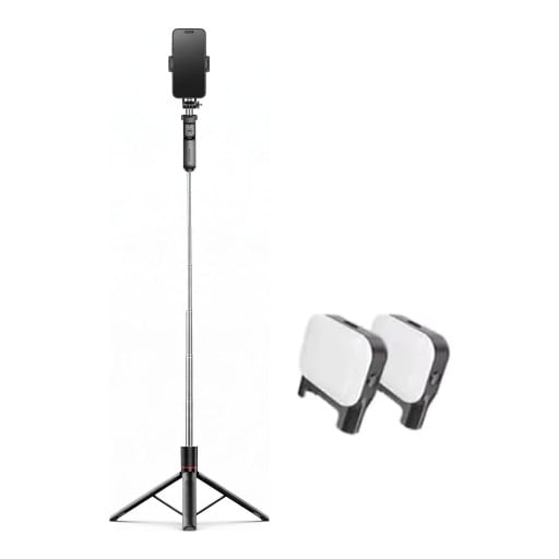 Selfie-Stick mit Stativ 1,7 m und 2 LED-Lichtern mit Bluetooth-Steuerung Rotierender Telefonhalter 360° Gewinde 1/4 Edelstahl Schwarz für Videos
