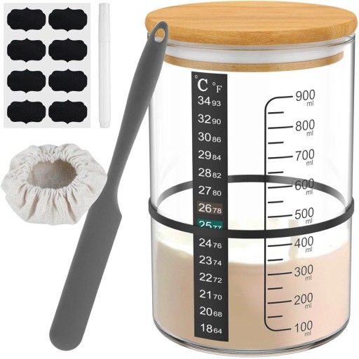 Série de préparation de levain avec un bocal de 900 ml 15 × 10 cm, une spatule, une housse en tissu, un ruban de température, des étiquettes