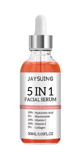 Sérum pour le visage 5 en 1 30 ml avec 30 % de vitamine C 5 % de niacinamide 10 % d'acide hyaluronique 10 % de vitamine E 5 % de collagène Soin