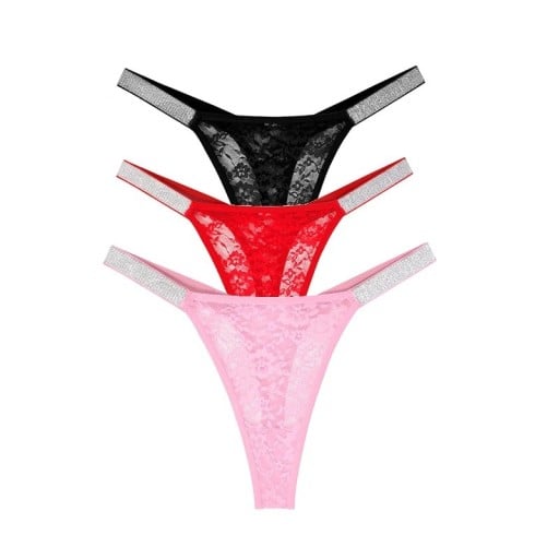 Set 3 bucăți de tanga din dantelă pentru femei cu model floral și curea strălucitoare lenjerie sexy pentru purtare zilnică mix de culori