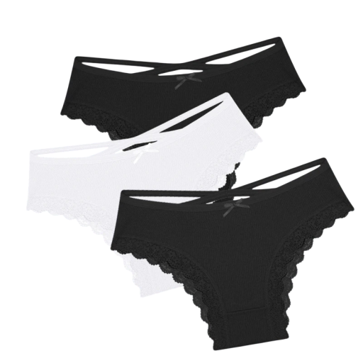 Set 3 ks dámských kalhotek brazilky žebrované krajkové s mašlí prodyšné bavlněné spodní prádlo na každodenní nošení černé a bílé