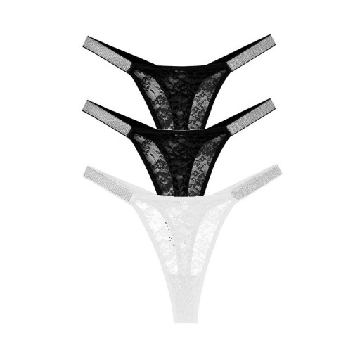 Set 3 ks dámských krajkových tang s květinovým vzorem a třpytivým páskem sexy spodní prádlo na každodenní nošení černé a bílé