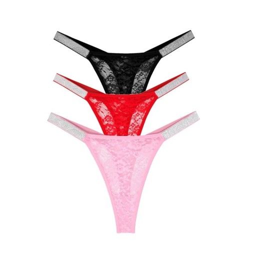 Set 3 ks dámských krajkových tang s květinovým vzorem a třpytivým páskem sexy spodní prádlo na každodenní nošení mix barev