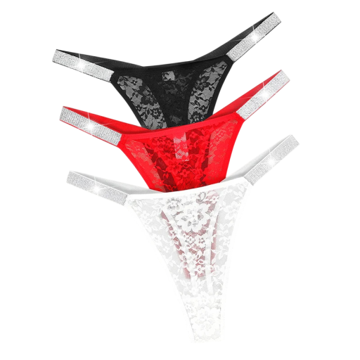 Set 3 ks dámských krajkových tang s květinovým vzorem a třpytivým páskem sexy spodní prádlo na každodenní nošení různé barvy