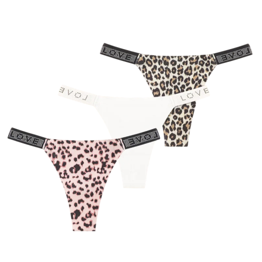 Set 3 ks dámských tang s kamínky a nápisem LOVE sexy spodní prádlo s minimálním zadním dílem na každodenní nošení bílé a s leopardím vzorem
