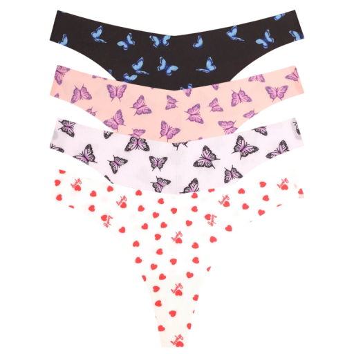 Set 4 ks dámských bezešvých tang s motýly a srdíčky v různých barvách sexy spodní prádlo s minimálním zadním dílem na každodenní nošení