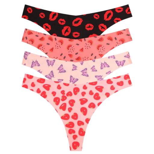Set 4 ks dámských bezešvých tang s různými vzory v pestrých barvách sexy spodní prádlo s minimálním zadním dílem na každodenní nošení