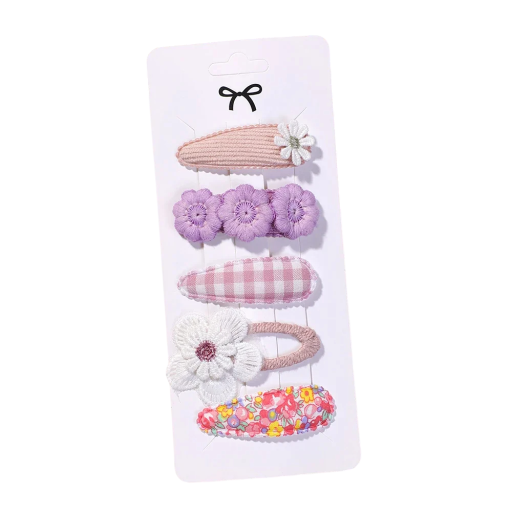 Set 5 agrafe de par pentru copii mov cu flori Agrafe decorative dragute Design floral Coafuri fete Accesorii de par elegante Culori pastelate moi
