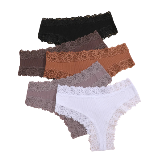 Set 5 bucăți de chiloți brazilieni din material ribbit cu dantelă decorativă lenjerie intimă respirabilă