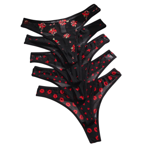 Set 5 ks dámských tang s potiskem průhledné síťované sexy spodní prádlo s minimálním zadním dílem na každodenní nošení černé