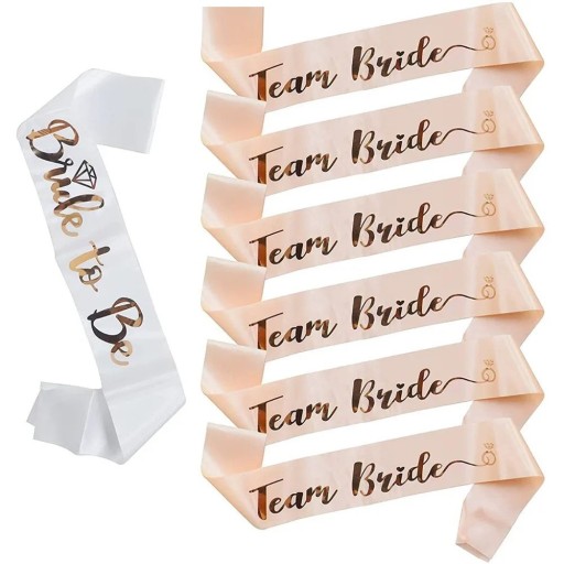 Set 6 bucăți de șerpi de nuntă Team Bride + Bride To Be Alb și roz-aurie Satin 156 x 9,5 cm Petrecere de rămas bun