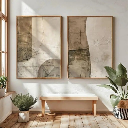 Set abstrakteja japanilaisia julisteita strukturoidulla motiivilla 30x40 cm kangas beige ruskea harmaa seinäkoriste sisustus