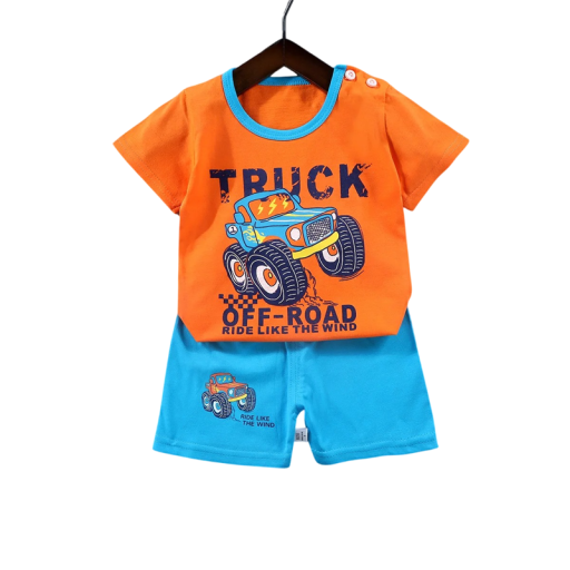 Set arancione per bambini con stampa di auto off road, t-shirt a maniche corte e pantaloni corti con elastico, unisex, completo estivo in cotone