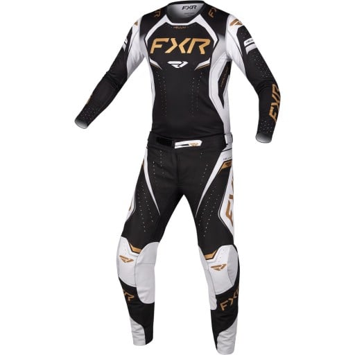 Set aus langärmligem Motocross-Trikot und Hose mit weißen Seitenteilen und goldenen Aufdrucken für Motocross, Enduro und Quad in Schwarz