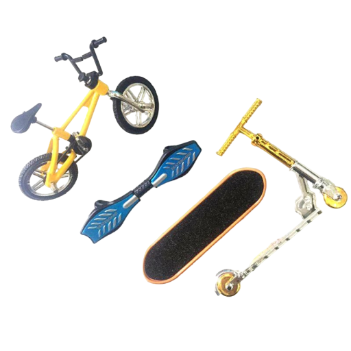 Set aus Mini-Skateboard, Fahrrad und Roller